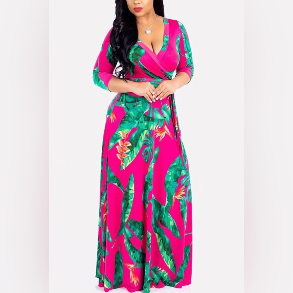 Hot Pink 3/4 Sleeve Maxi Dress